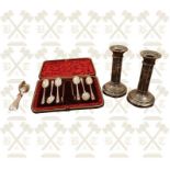 Boxed set of six silver tea spoons and six loose silver tea spoons and pair of Adam style
