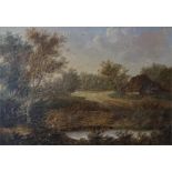 A Framed oil on canvas of a landscape scene with woods, cottage and a small pond, signed and dated