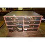 An Edwardian pine paper covered desk, top filing unit with brass handles