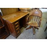 A Oak roll top desk base and chair