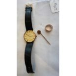 Gents Bulova Quartz watch plus an Edwardian stick pin with centre garnet and a 15ct gold wedding ban