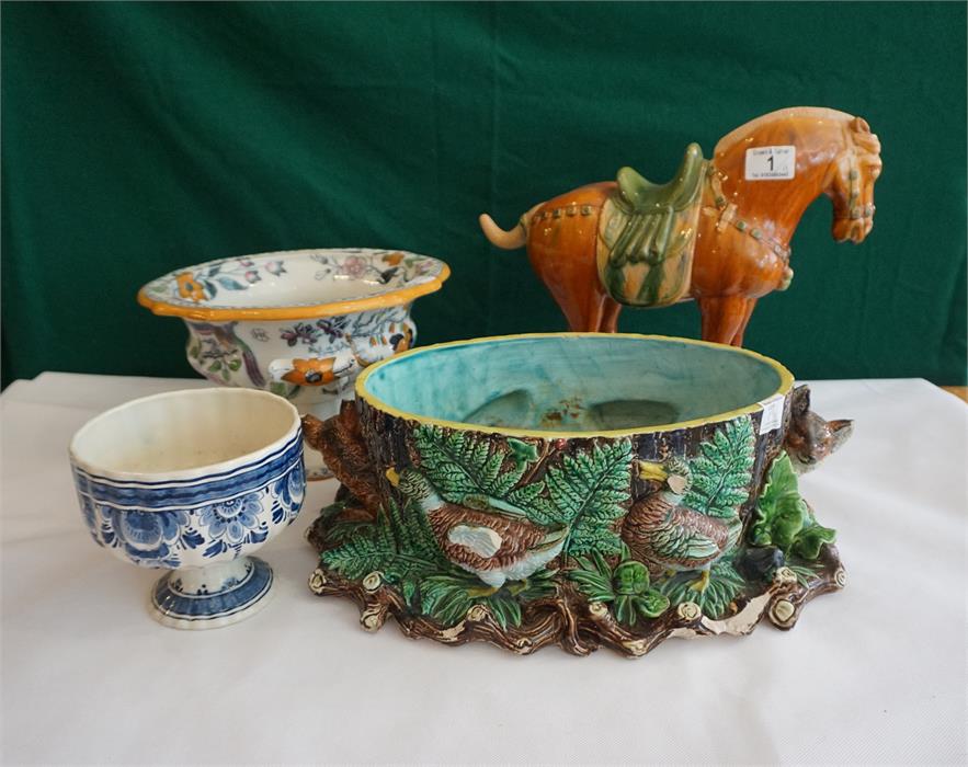 Majolica jardiniere, Masons tureen, blue & white pottery vase and a repro tang dynasty pottery horse
