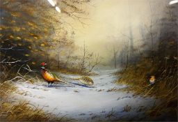 2 framed prints by S.F. Aken of Pheasants in winter landscape and duck landing on stream