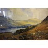 Watercolour of landscape with sheep, unsigned 14 x 21 inch