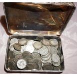 Silver 2 handled vase, a box of silver threepence pieces and a box of miscellaneous coins