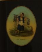 A 19th century oval print in an eglomised mount with maple frame, titled Fine Rabbits