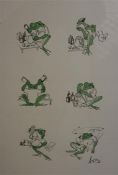 3 x Framed Frog prints and 2 x Framed prints of Snipe.