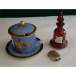 A Carlton Ware honey/preserve pot, a Bohemia ruby glass scent bottle and plated vesta case