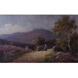 A gilt framed oil on canvas of a highland scene with figure walking over bridge