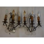 A pair of gilt metal & crystal 3 arm wall lights and a copper & brass coaching horn