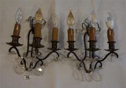 A pair of gilt metal & crystal 3 arm wall lights and a copper & brass coaching horn