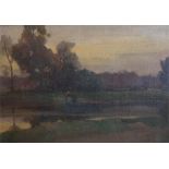 Oil painting of landscape at dusk signed J B Leader 10 x 14 inch and a oil seascape 6 x 8 inch