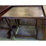 Edwardian Oak stained side tables with Barley Twist legs, one having a drawer and stretcher shelf.