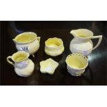 6 pieces of Belleek ware including jug, cauldron, 3 bowls and dish