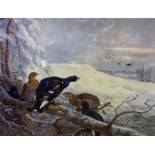 Print of game birds in the snow, signed A Thornburn 9 x 11 inch