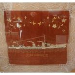 A Framed sailors embroidery of HMS Sportive Circa 1920 26 inches by 28 inches