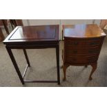 Oriental rosewood lamp table, Yew wood bedside cabinet on Cabroilet legs, single drawer and cupboa