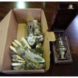 Selection of silver plated flatware and 1 pair of silver sugar tongs & a boxed plated sugar sifter