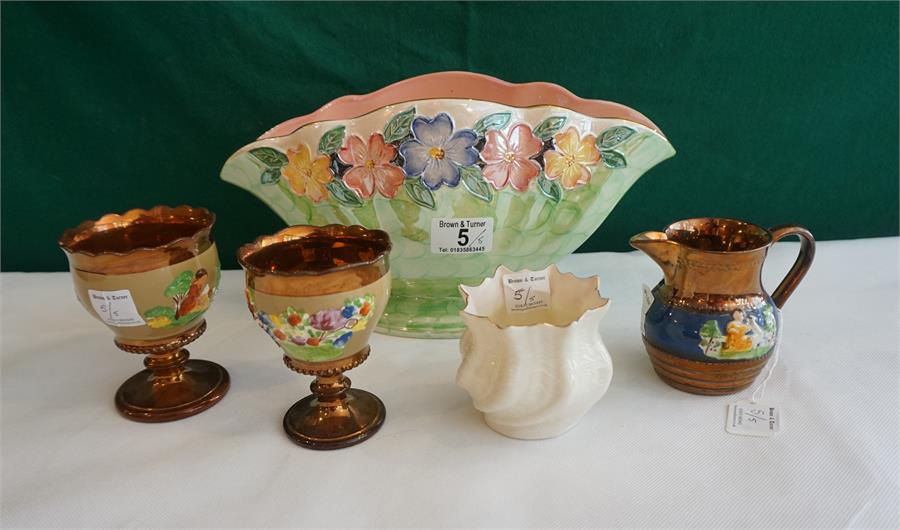 3 pieces of Staffordshire Copper lustre ware, small Belleek vase & a Maling Pottery vase