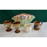 3 pieces of Staffordshire Copper lustre ware, small Belleek vase & a Maling Pottery vase
