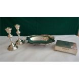A pair of Silver 7" high candle sticks, plated cigarette box & fruit bowl