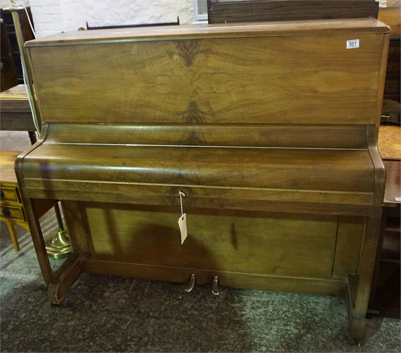 Walnut cased art deco upright piano by B Squire Est 1829