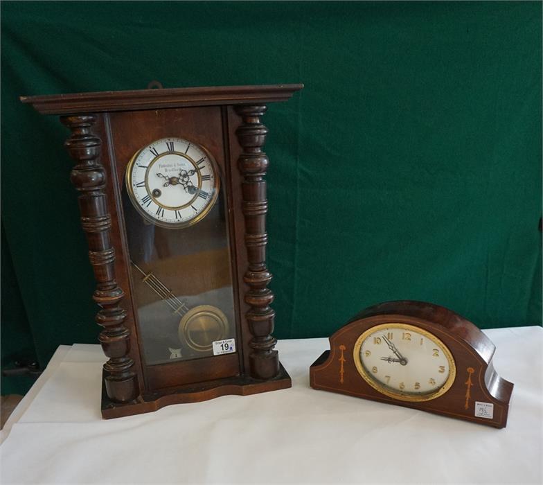 German spring wall clock in mahogany stained case and a Edwardian inlaid mahogany cased mantle clock