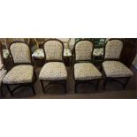 4 continental mahogany salon chairs with carved back edges, turned fluted legs