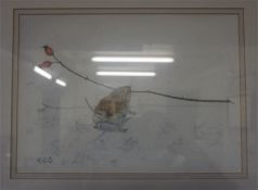 A framed Watercolour of vole / mouse carrying a rose hip branch C.E.S monogram