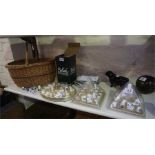 Mixed lot of porcelain thimbles, glass paper weights, picture plates etc,