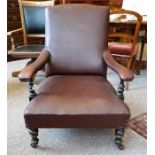 Edwardian mahogany stained gents study occasional chair, covered in simulated brown leather
