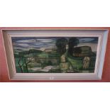 A framed landscape, oil on board with buildings in the fore ground by K H. Gresty