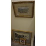 A black and white crayon and watercolour town view by K H Gresty, 1975 and a framed