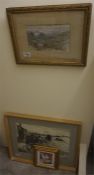 A black and white crayon and watercolour town view by K H Gresty, 1975 and a framed