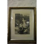 A large gilt framed black and white Victorian print of children and girl in punt feeding the swans