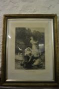 A large gilt framed black and white Victorian print of children and girl in punt feeding the swans