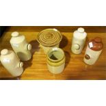 Stone ware lidded butter pot, stone ware jar and 4 stone ware hot water pigs, (6)