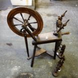 A fruitwood and ash Spinning wheel and two wool holders (3)