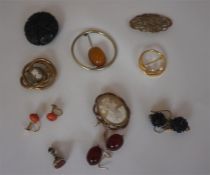 Lot of Brooches and earrings, including amber set, pinch back, silver, jet and 15ct gold mount