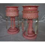 A pair of Victorian pink opaque glass Girandoles, with glass lustres (2)