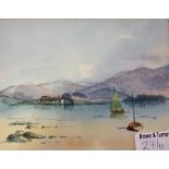 A Watercolour of Marys Bouquet signed Moana R Cheyne, a still life fruit bowl and a loch scene by