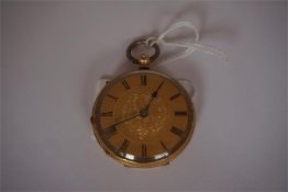 18 ct gold gents dress pocket watch, with engraved decoration to back, cover and gold face