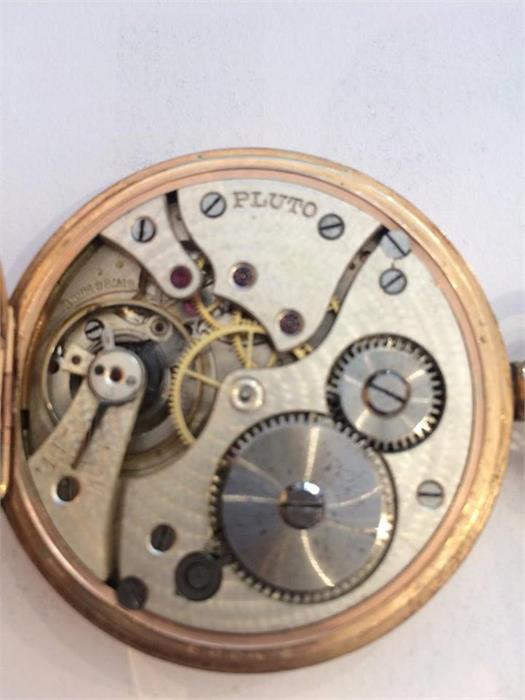 9 ct gold full hunter gents pocket watch, movement working and stamped Pluto, hour and second hand - Image 2 of 3
