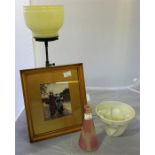 Tilley lamp, glass art vase, Shelly china jelly mould and a framed print of 2 girls