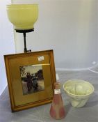 Tilley lamp, glass art vase, Shelly china jelly mould and a framed print of 2 girls