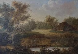 A Framed Oil on canvas of a landscape scene with woods, cottage and a small pond, signed and dated