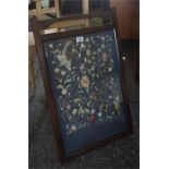 An embroidered framed tapestry, also with a plant stand, and a pair of Victorian chairs etc (5)