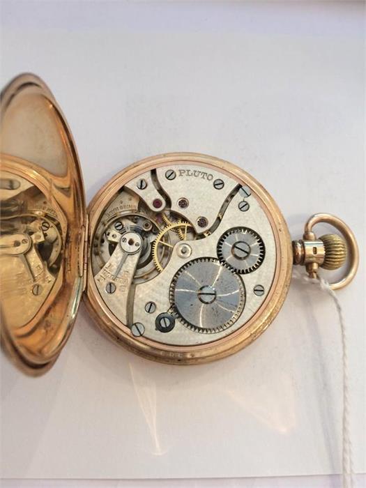 9 ct gold full hunter gents pocket watch, movement working and stamped Pluto, hour and second hand - Image 3 of 3