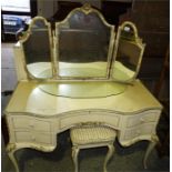 French style painted dressing table and serpentine fronted chest of drawers with gilt raised decorat