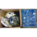A collection of miscellaneous wine glasses and a box of miscellaneous pottery